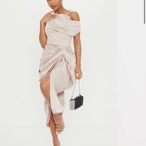 PrettyLittleThing Asymmetrical Off-Shoulder Dress in Cream